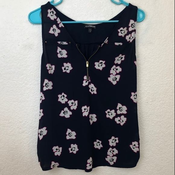 Express Navy Blue Floral Quarter Zip Tank Top womens professional business work - Picture 2 of 6